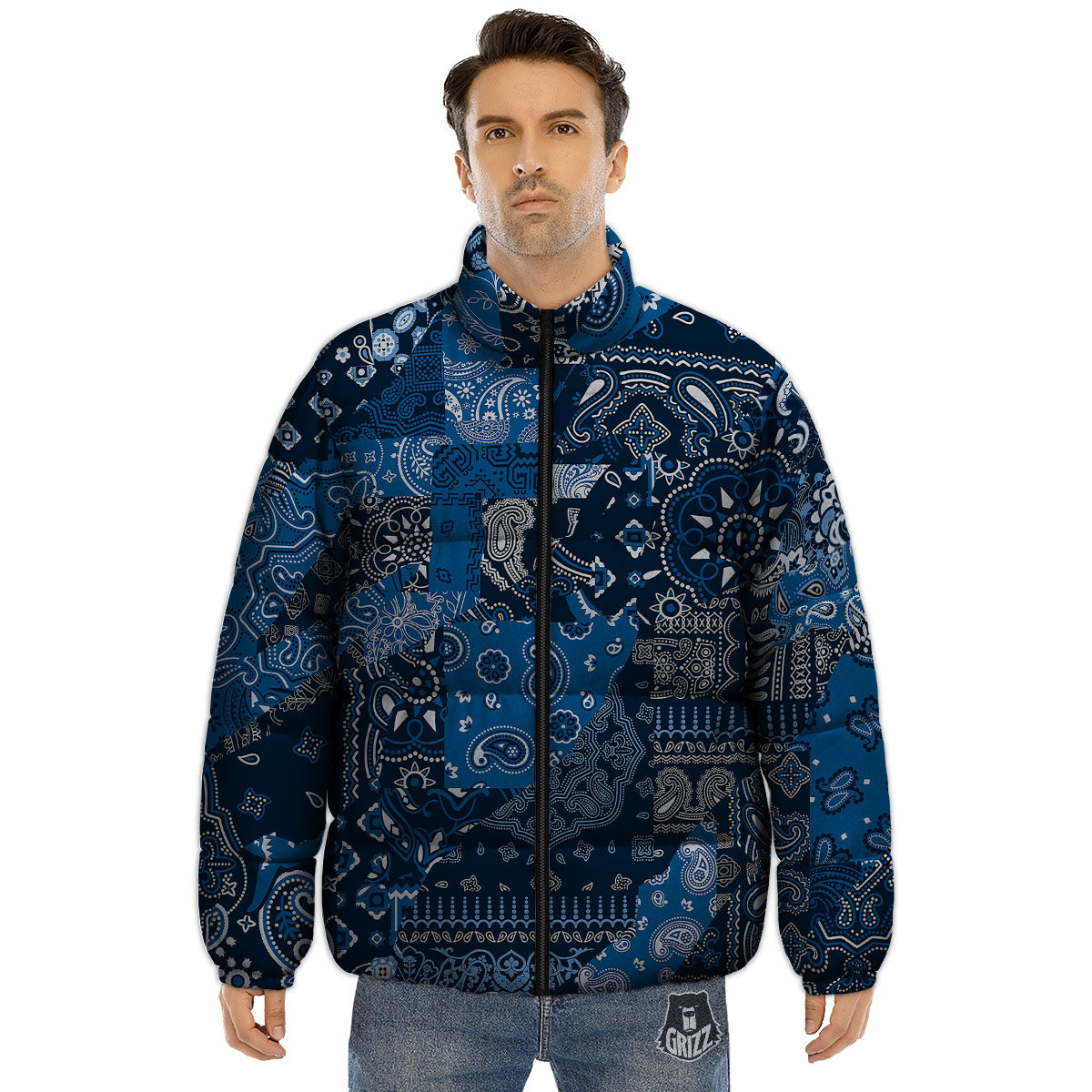 Bandana Blue Paisley Print Pattern Puffer Jacket-grizzshop