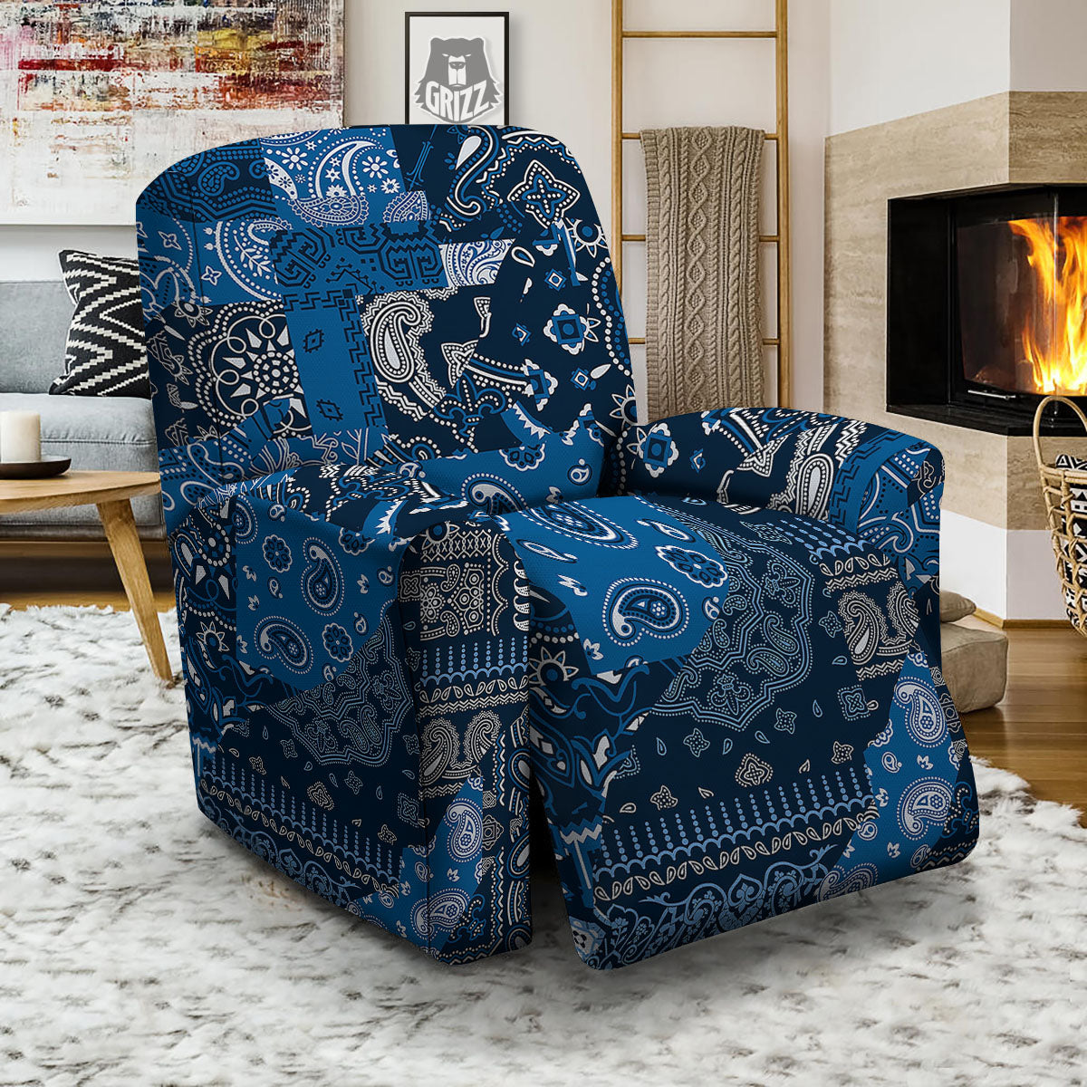 Bandana Blue Paisley Print Pattern Recliner Slipcover-grizzshop