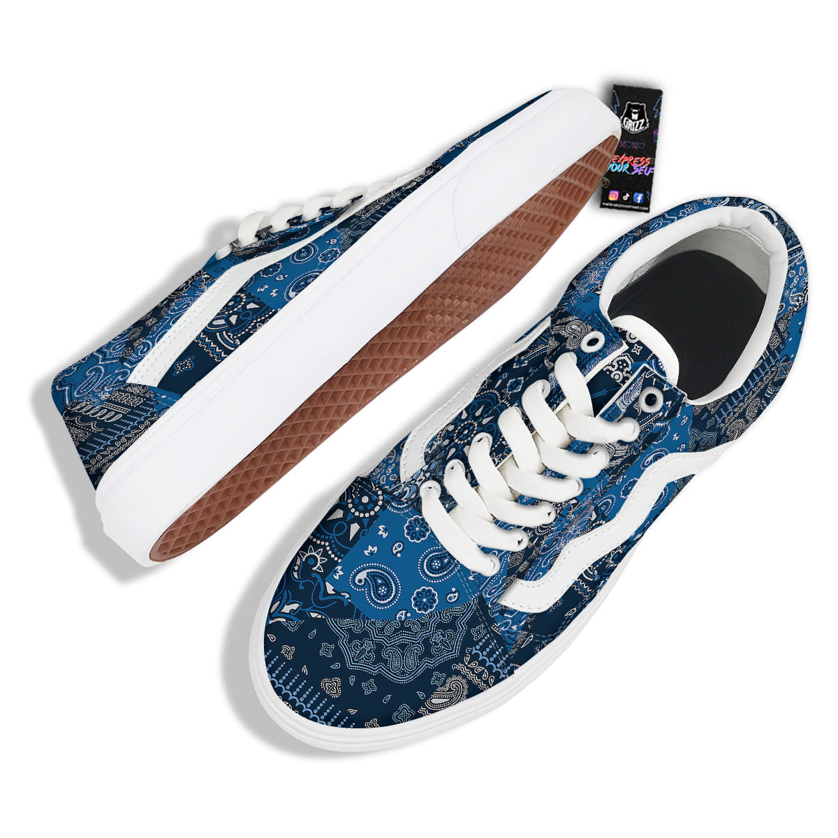 Bandana Blue Paisley Print Pattern Skate Shoes-grizzshop