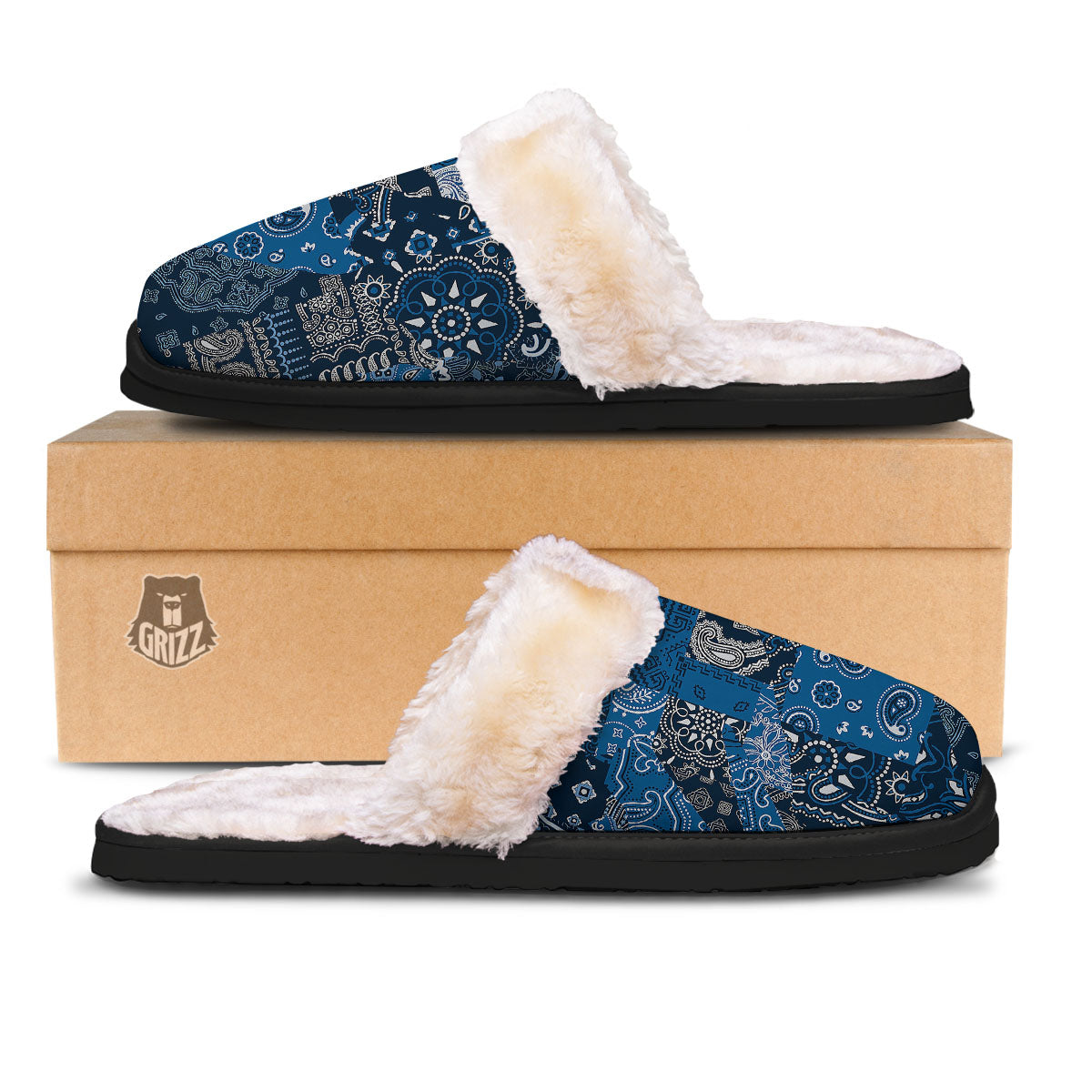 Bandana Blue Paisley Print Pattern Slippers-grizzshop