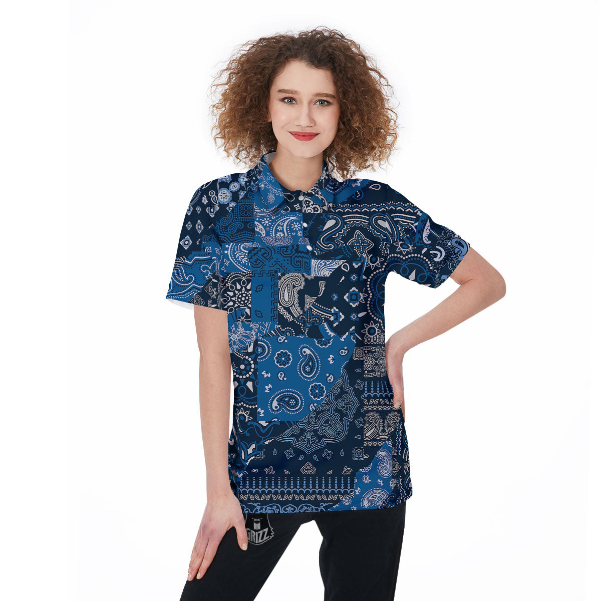 Bandana Blue Paisley Print Pattern Women's Golf Shirts-grizzshop