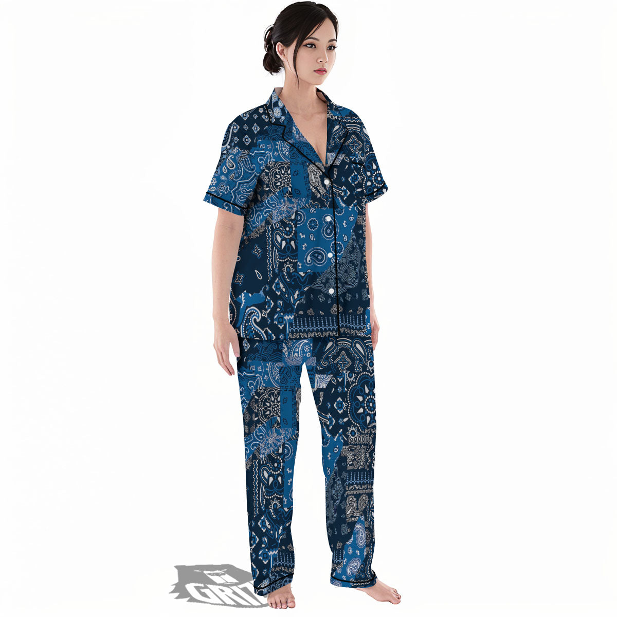 Bandana Blue Paisley Print Pattern Women's Pajamas Set-grizzshop