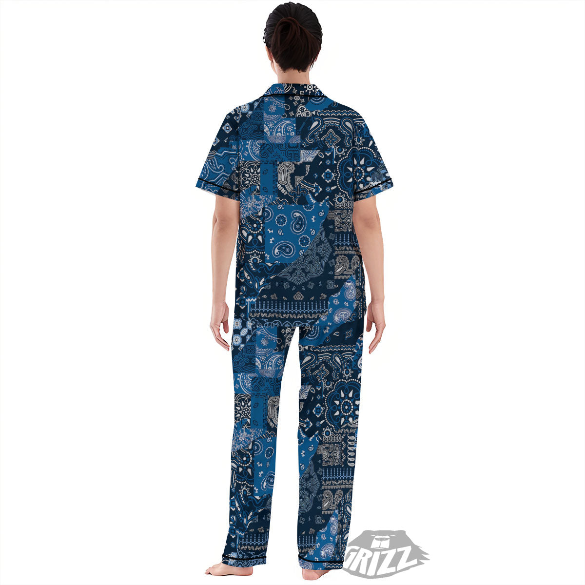 Bandana Blue Paisley Print Pattern Women's Pajamas Set-grizzshop