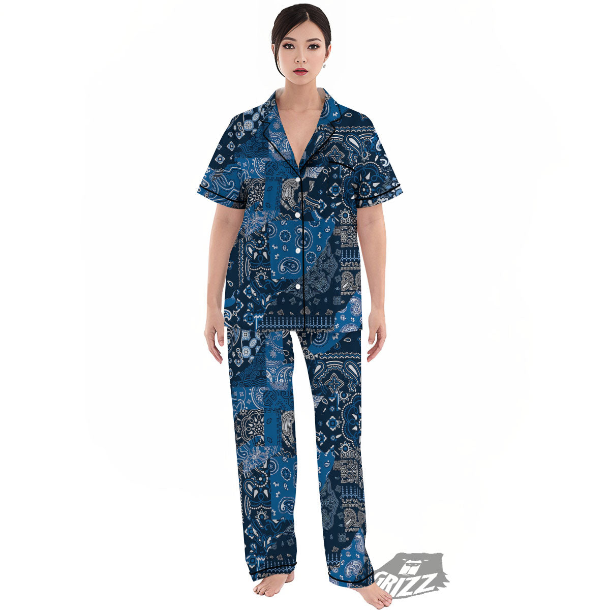 Bandana Blue Paisley Print Pattern Women's Pajamas Set-grizzshop