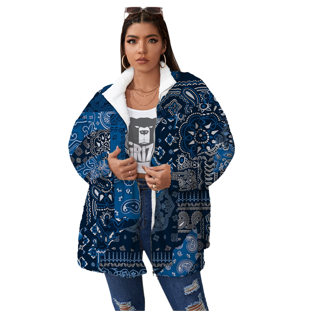 Bandana Blue Paisley Print Pattern Women's Sherpa Jacket-grizzshop