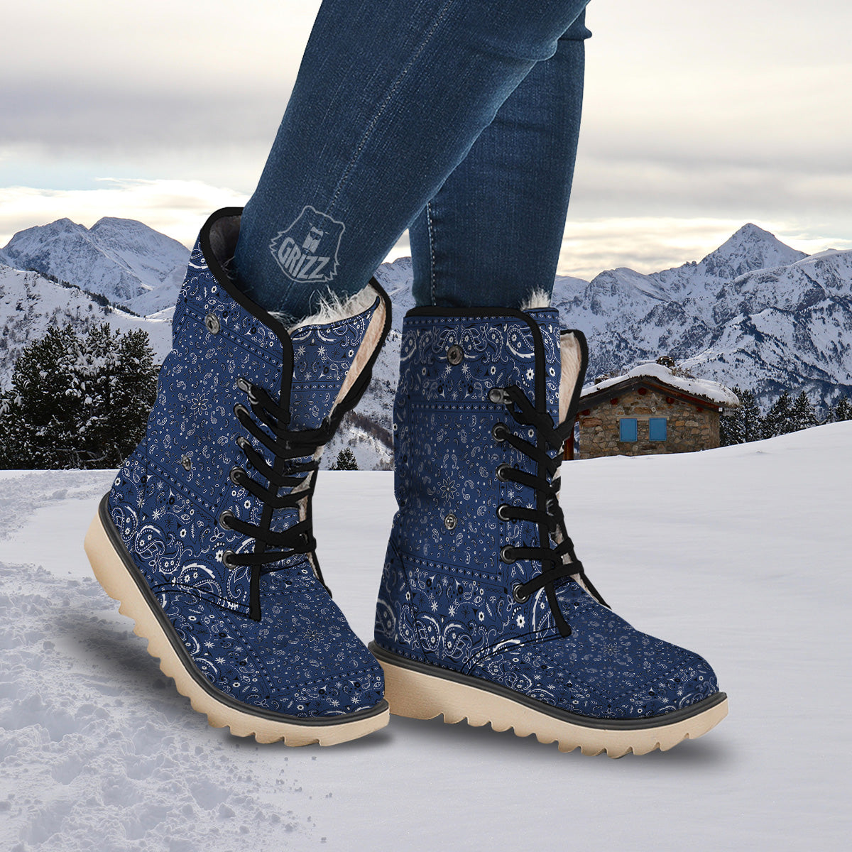 Bandana Blue Paisley Print Snow Boots-grizzshop