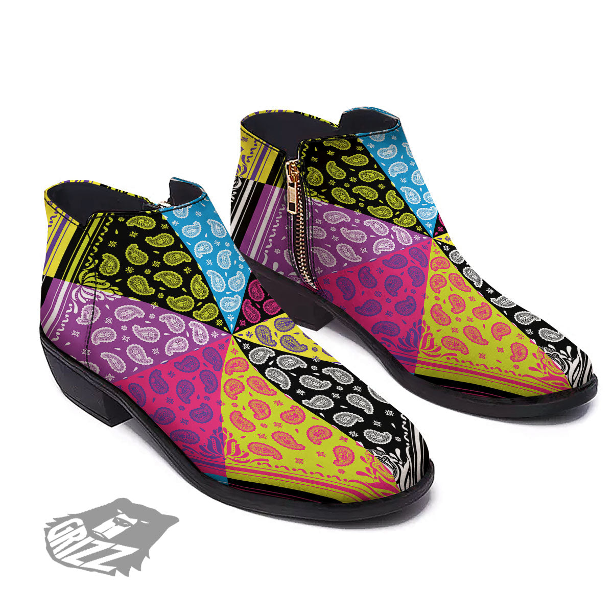Bandana Paisley Colorful Square Print Ankle Boots-grizzshop