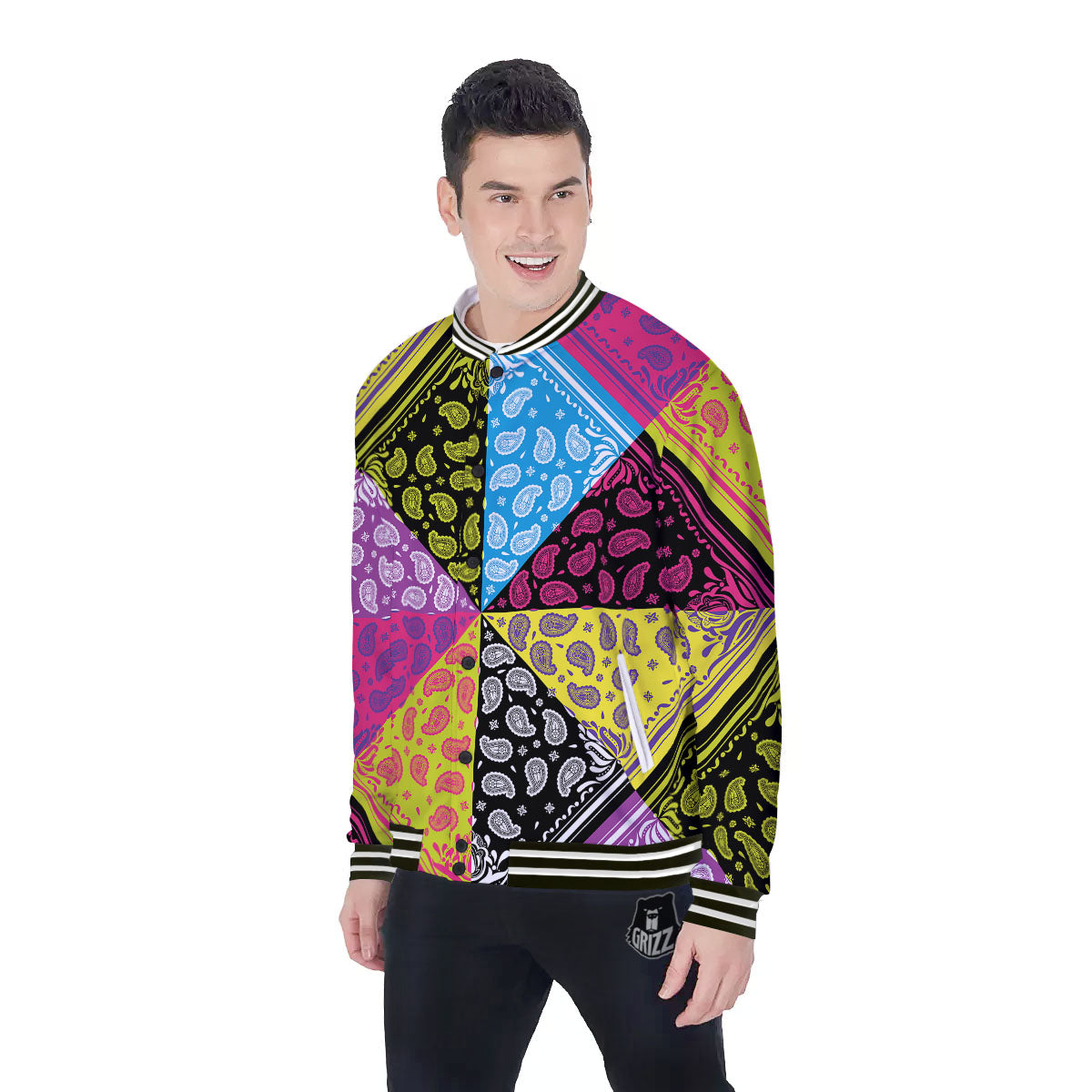 Bandana Paisley Colorful Square Print Baseball Jacket-grizzshop