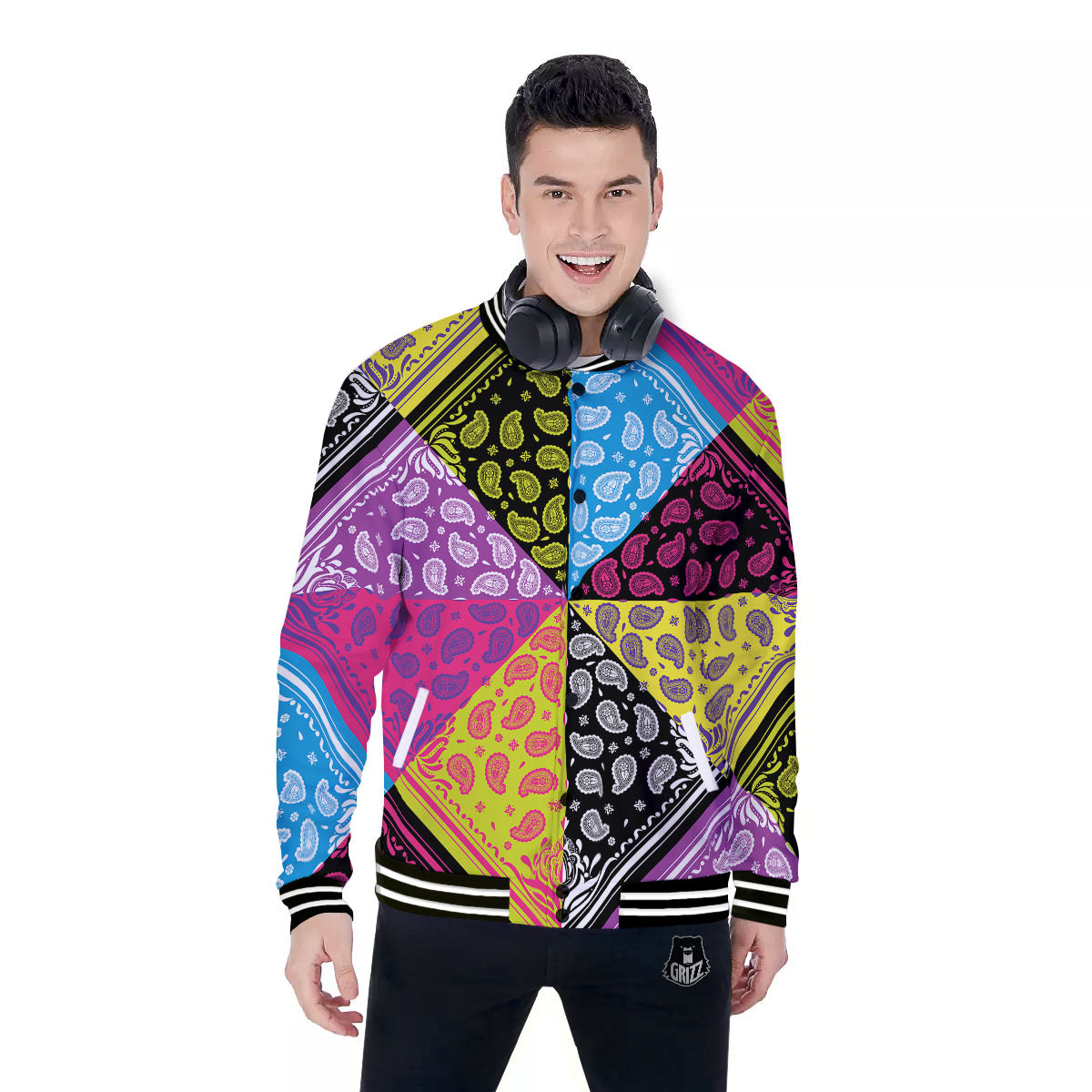 Bandana Paisley Colorful Square Print Baseball Jacket-grizzshop