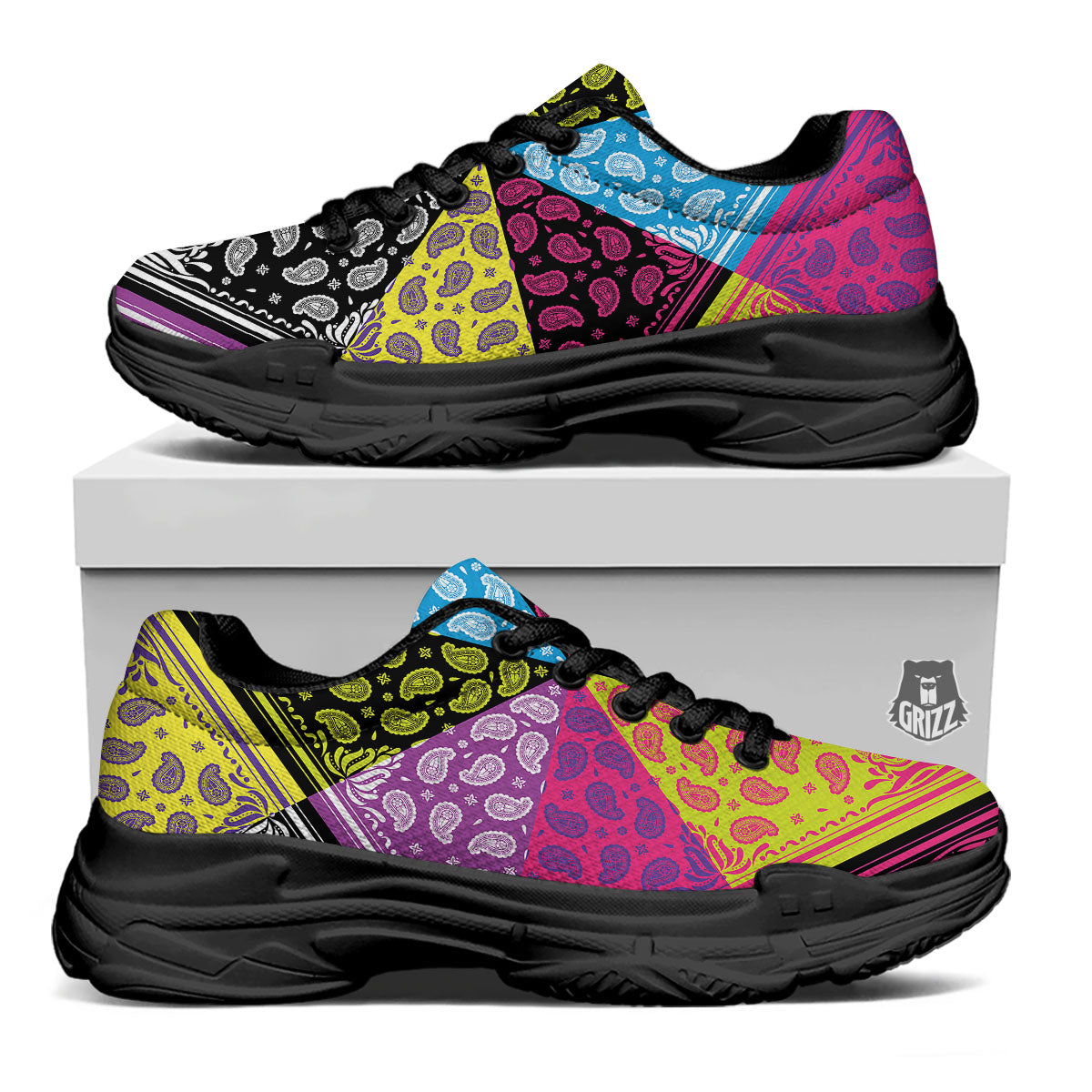 Bandana Paisley Colorful Square Print Black Chunky Shoes-grizzshop