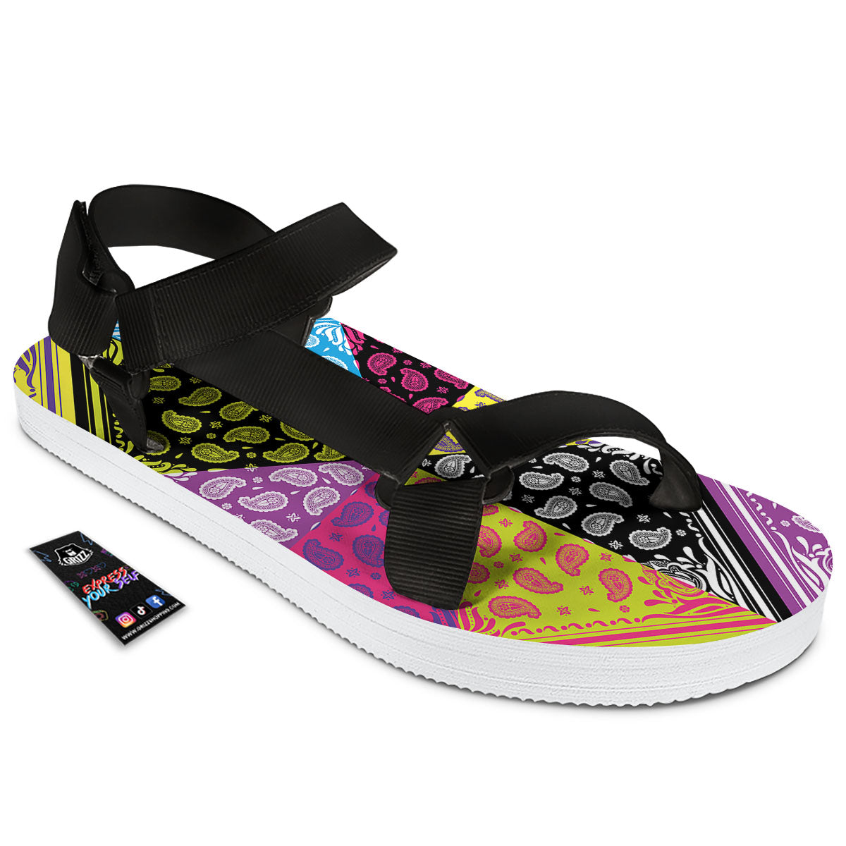 Bandana Paisley Colorful Square Print Black Open Toe Sandals-grizzshop