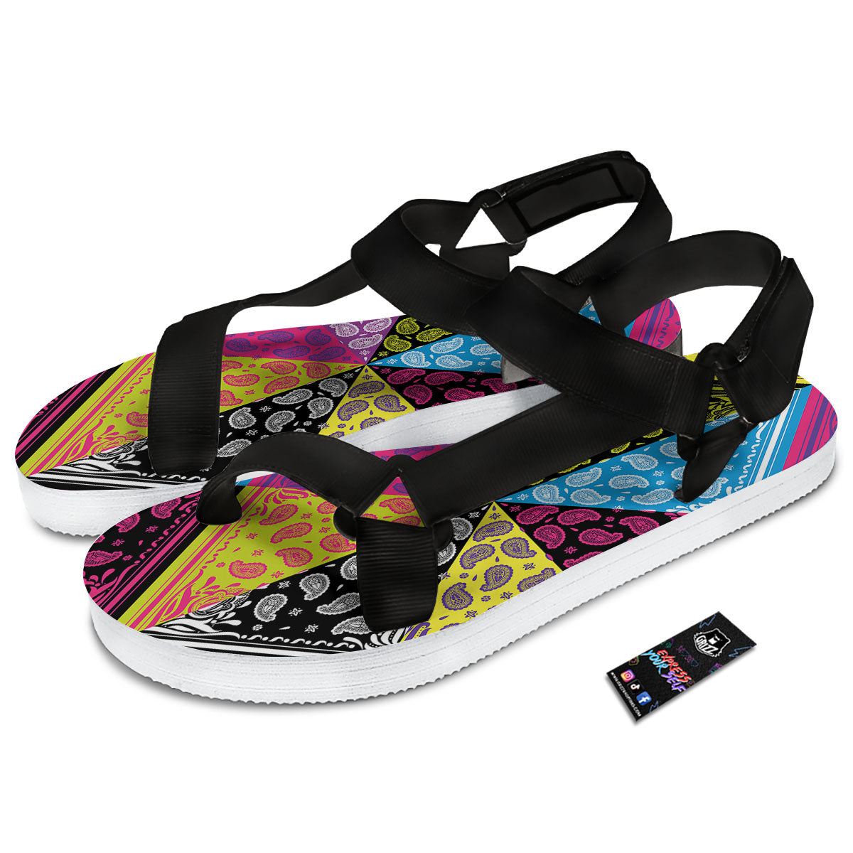 Bandana Paisley Colorful Square Print Black Open Toe Sandals-grizzshop