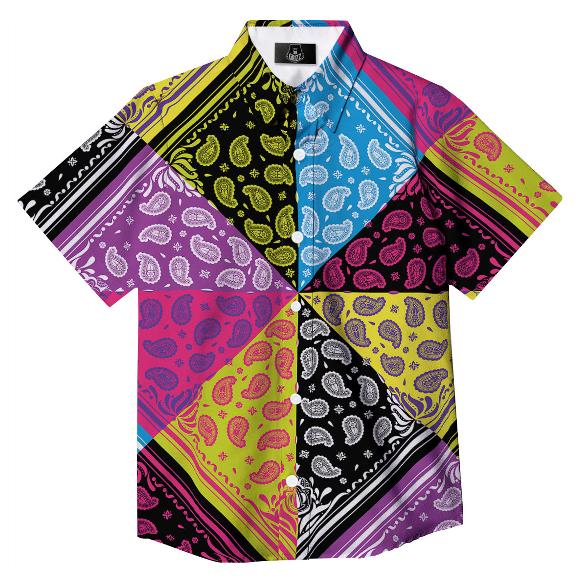 Bandana Paisley Colorful Square Print Button Up Shirt-grizzshop