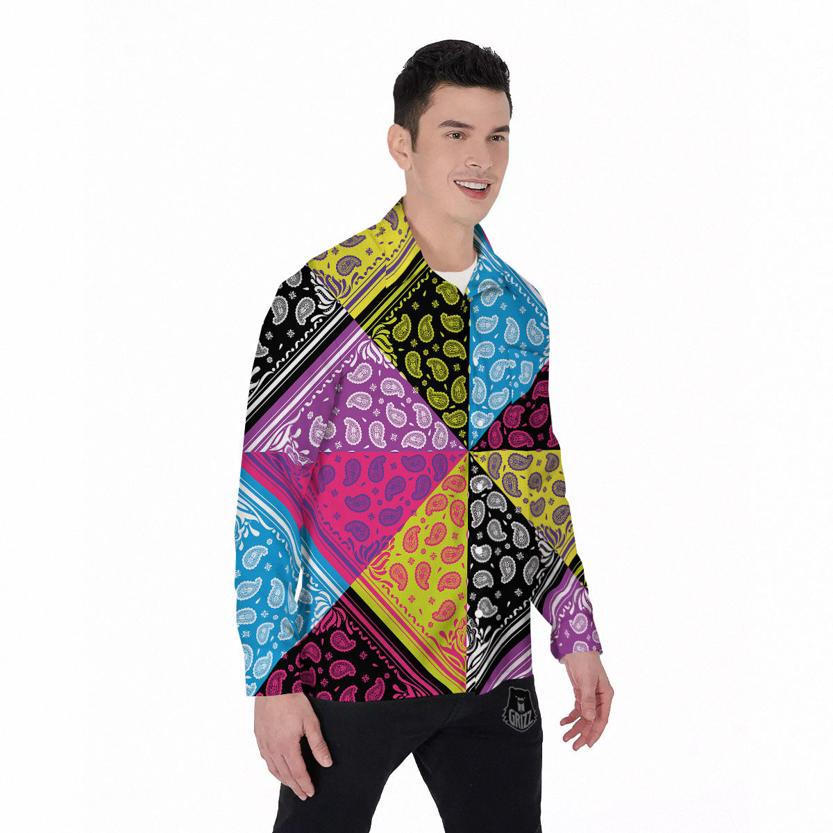 Bandana Paisley Colorful Square Print Men's Long Sleeve Shirts-grizzshop