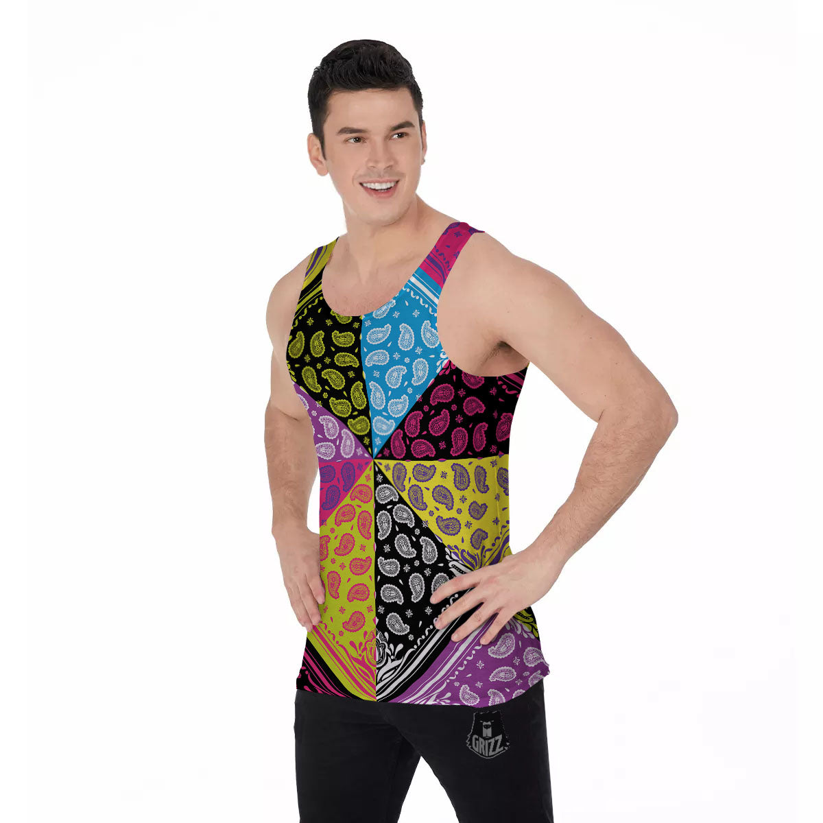 Bandana Paisley Colorful Square Print Men's Tank Top-grizzshop