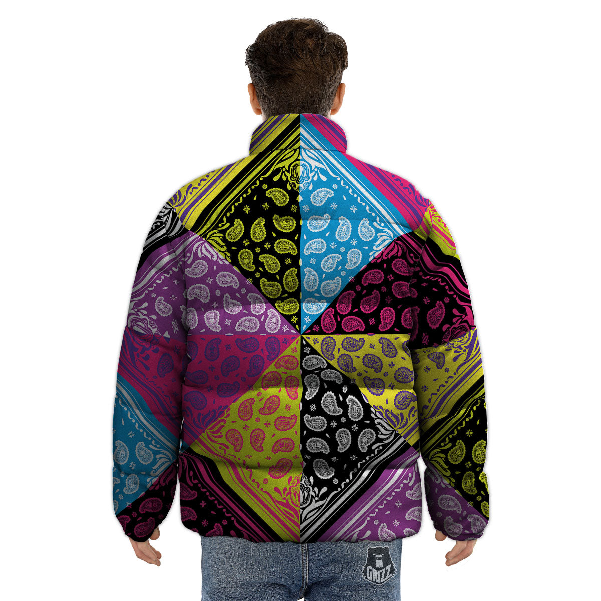 Bandana Paisley Colorful Square Print Puffer Jacket-grizzshop
