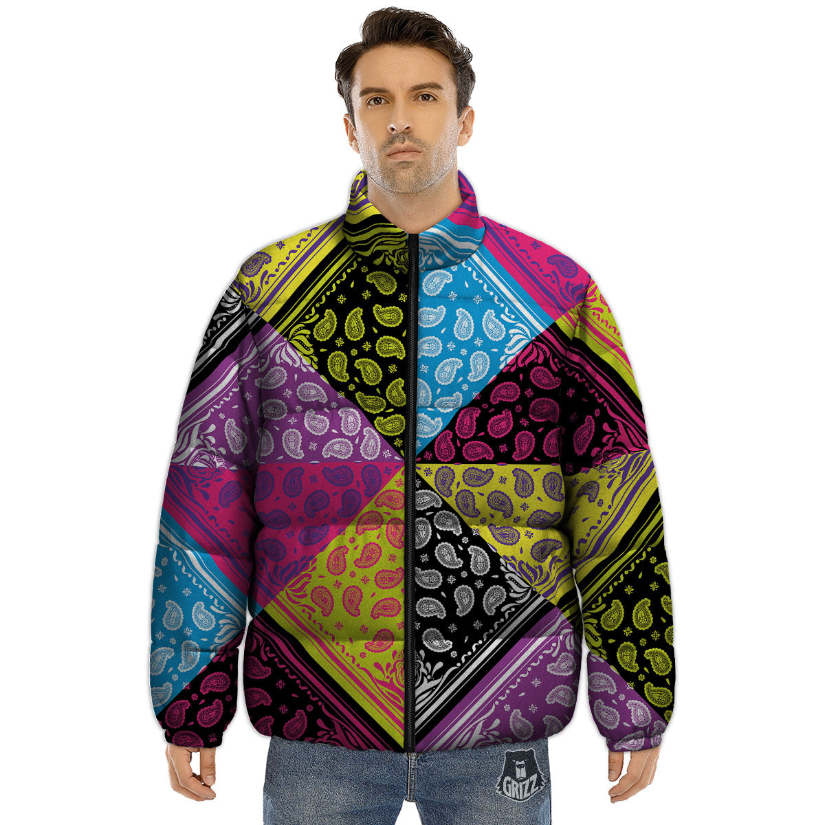 Bandana Paisley Colorful Square Print Puffer Jacket-grizzshop