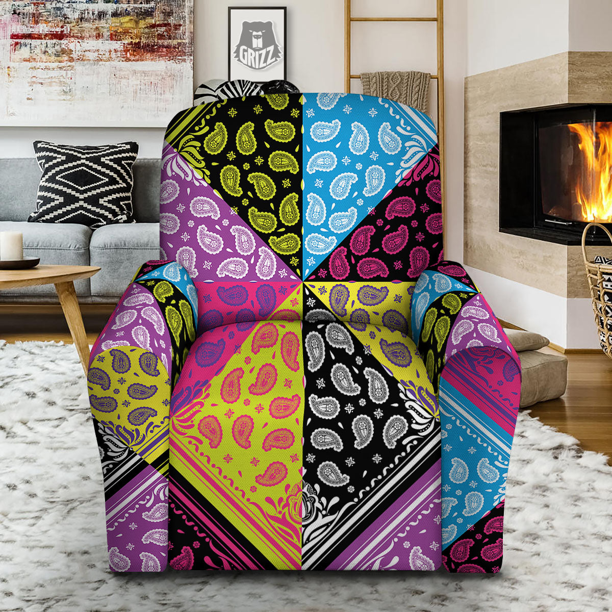 Bandana Paisley Colorful Square Print Recliner Slipcover-grizzshop