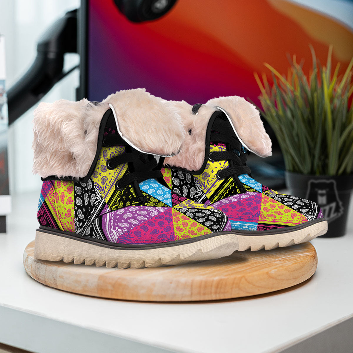 Bandana Paisley Colorful Square Print Snow Boots-grizzshop