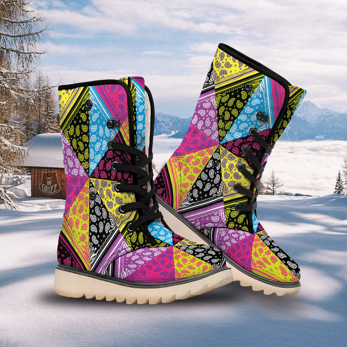 Bandana Paisley Colorful Square Print Snow Boots-grizzshop