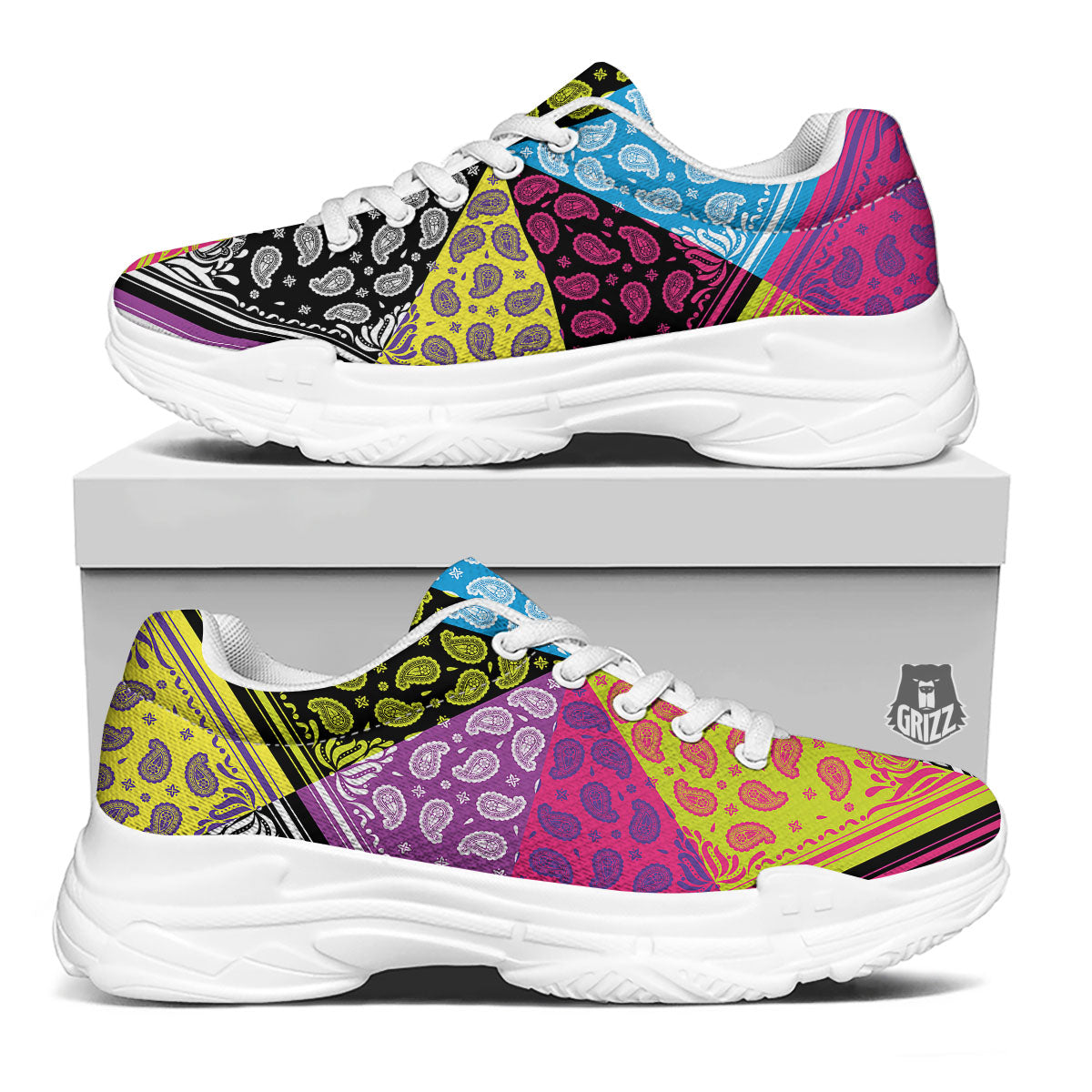 Bandana Paisley Colorful Square Print White Chunky Shoes-grizzshop