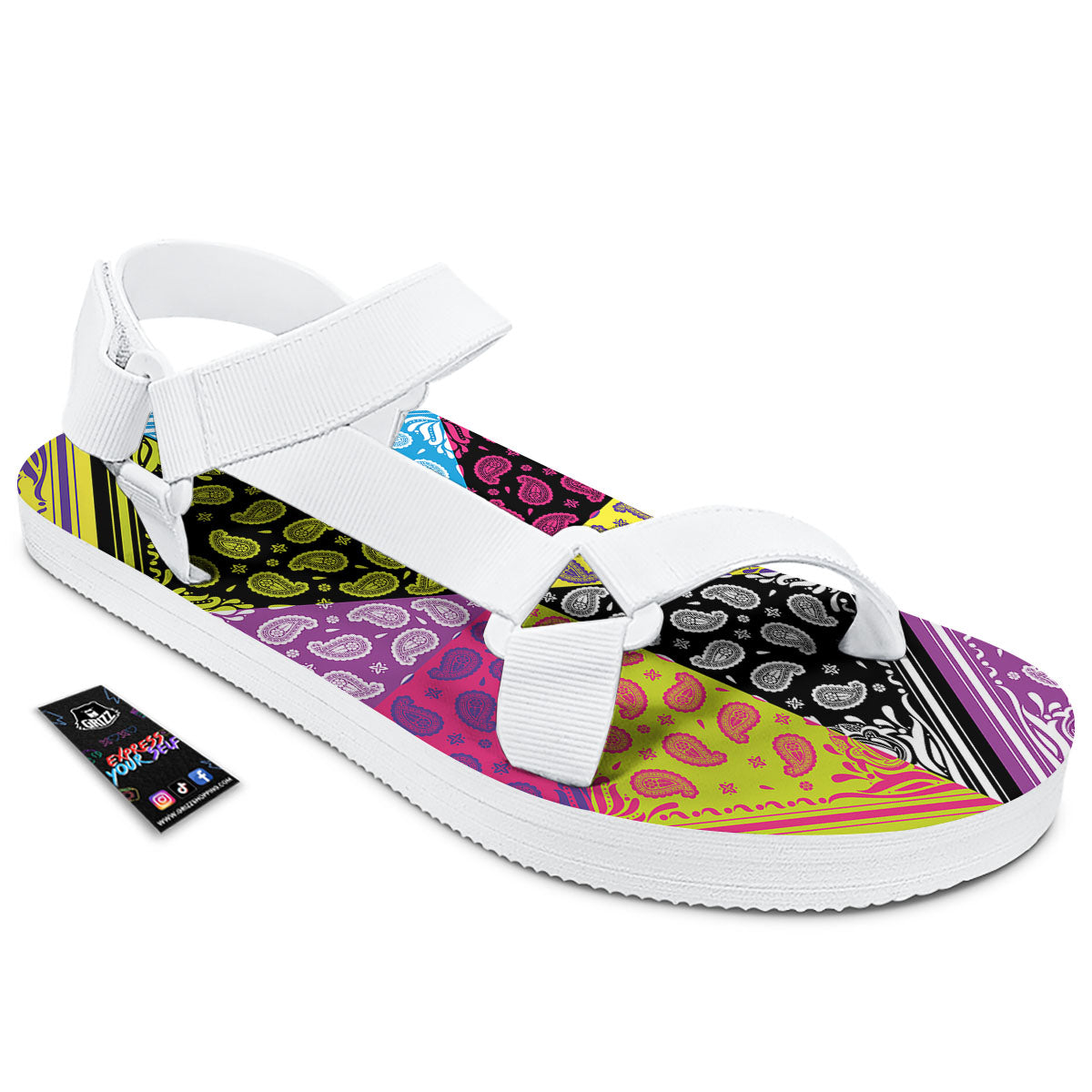Bandana Paisley Colorful Square Print White Open Toe Sandals-grizzshop