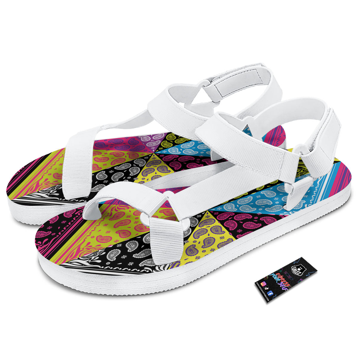 Bandana Paisley Colorful Square Print White Open Toe Sandals-grizzshop