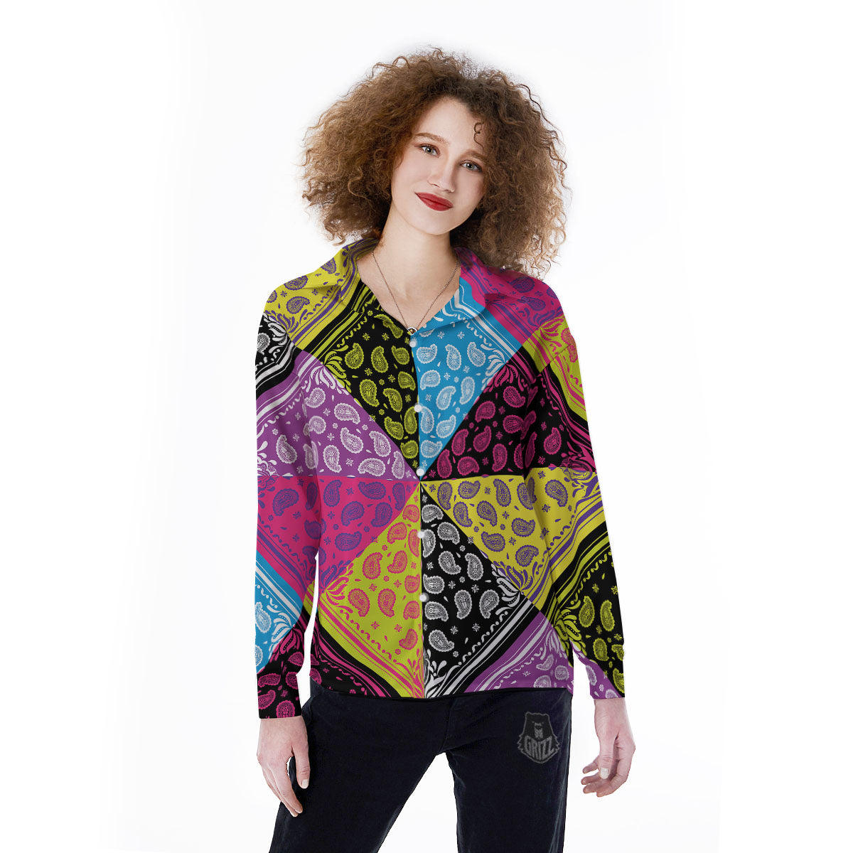 Bandana Paisley Colorful Square Print Women's Long Sleeve Shirts-grizzshop