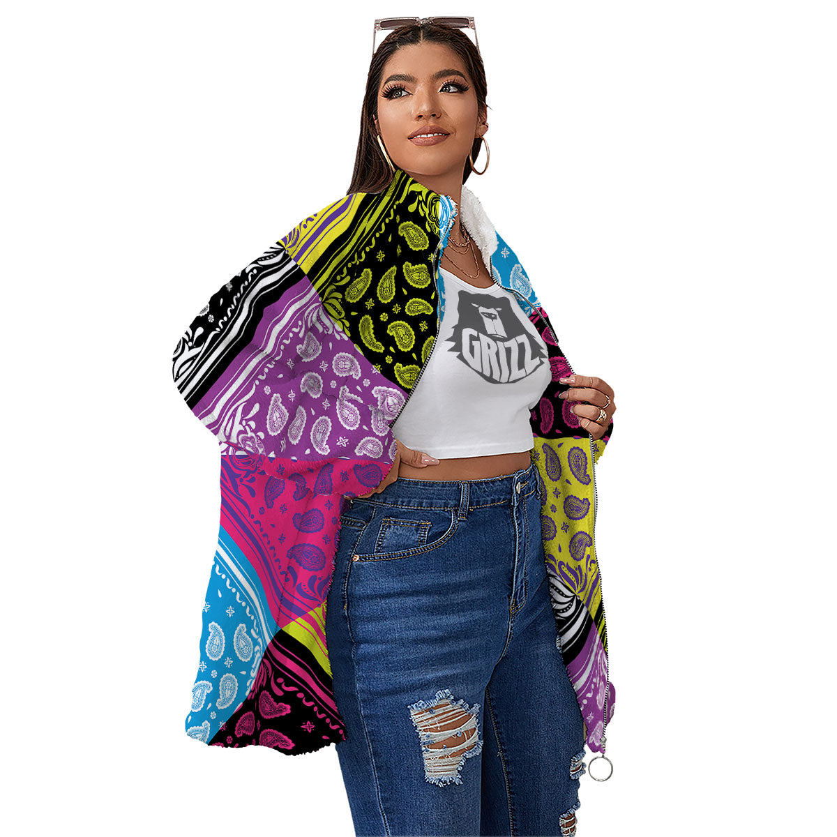 Bandana Paisley Colorful Square Print Women's Sherpa Jacket-grizzshop