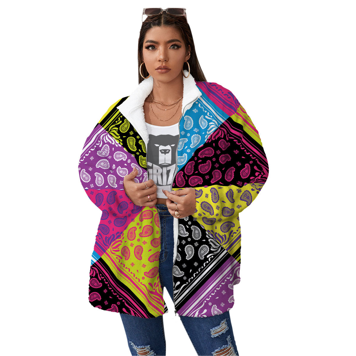 Bandana Paisley Colorful Square Print Women's Sherpa Jacket-grizzshop