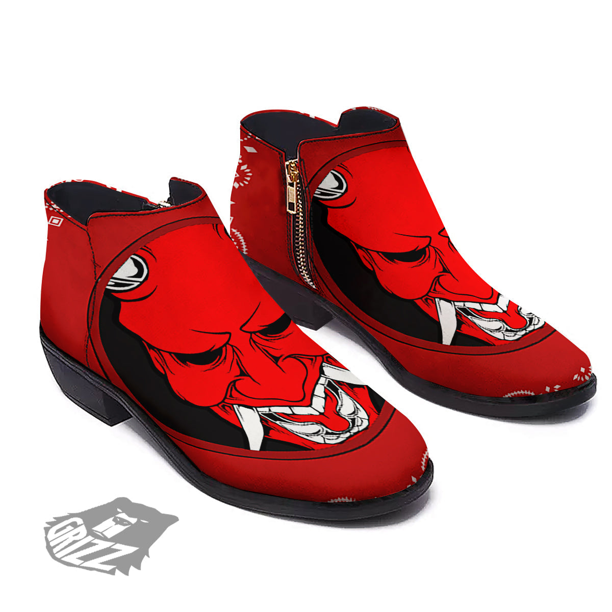 Bandana Red Hannya Demon Print Ankle Boots-grizzshop