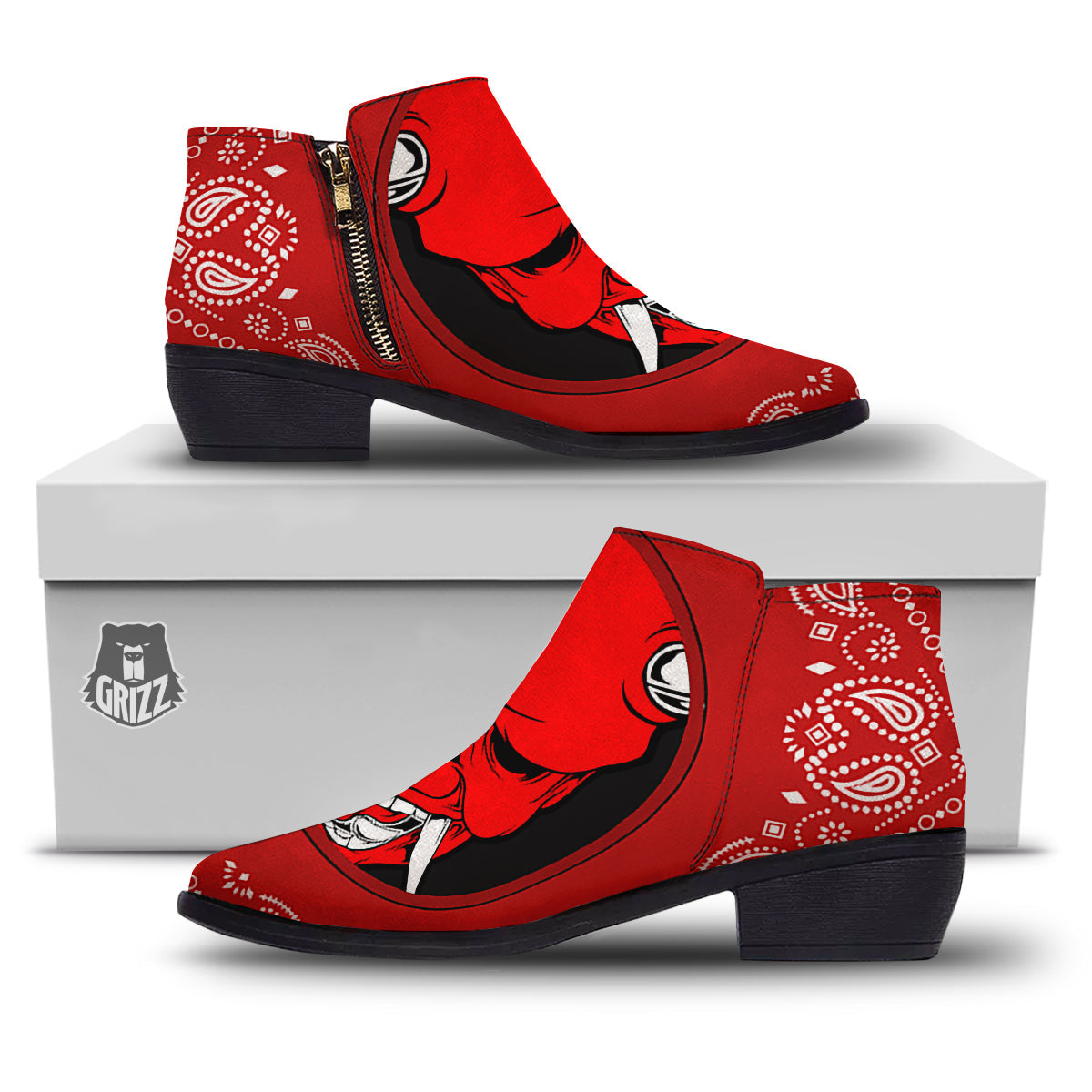 Bandana Red Hannya Demon Print Ankle Boots-grizzshop