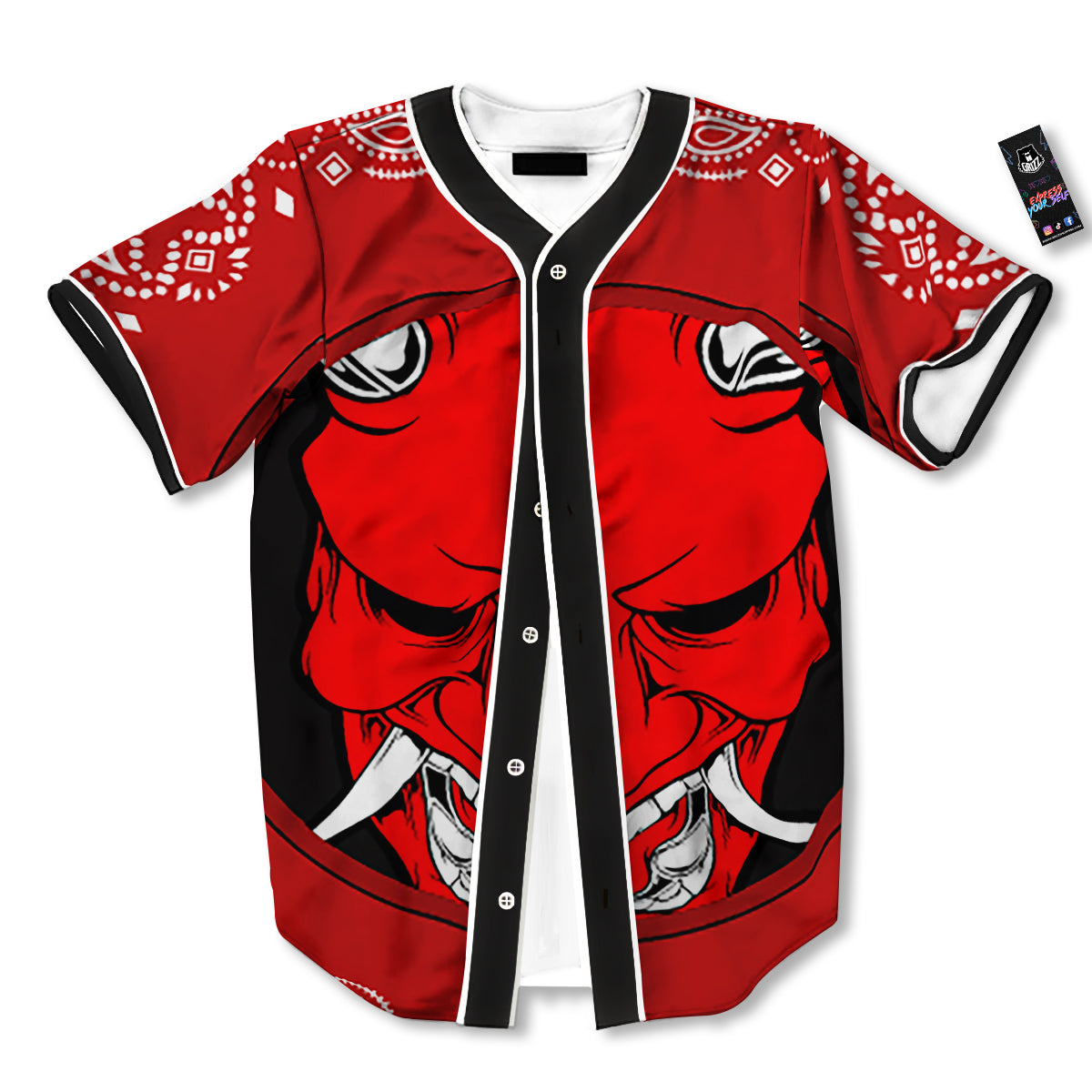 Bandana Red Hannya Demon Print Baseball Jersey-grizzshop
