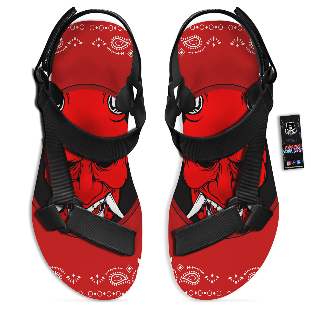 Bandana Red Hannya Demon Print Black Open Toe Sandals-grizzshop