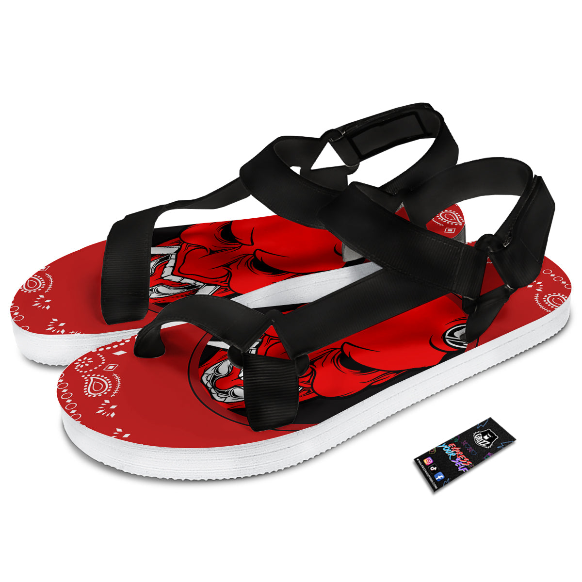 Bandana Red Hannya Demon Print Black Open Toe Sandals-grizzshop