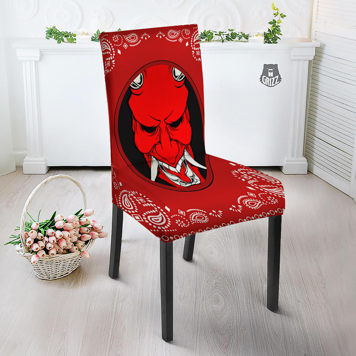 Bandana Red Hannya Demon Print Dining Chair Slipcover-grizzshop