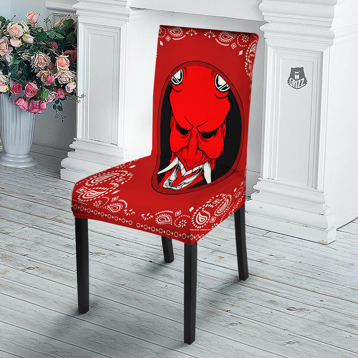 Bandana Red Hannya Demon Print Dining Chair Slipcover-grizzshop