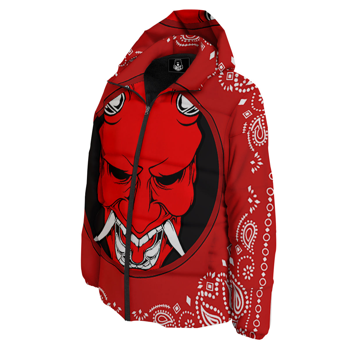 Bandana Red Hannya Demon Print Down Jacket-grizzshop