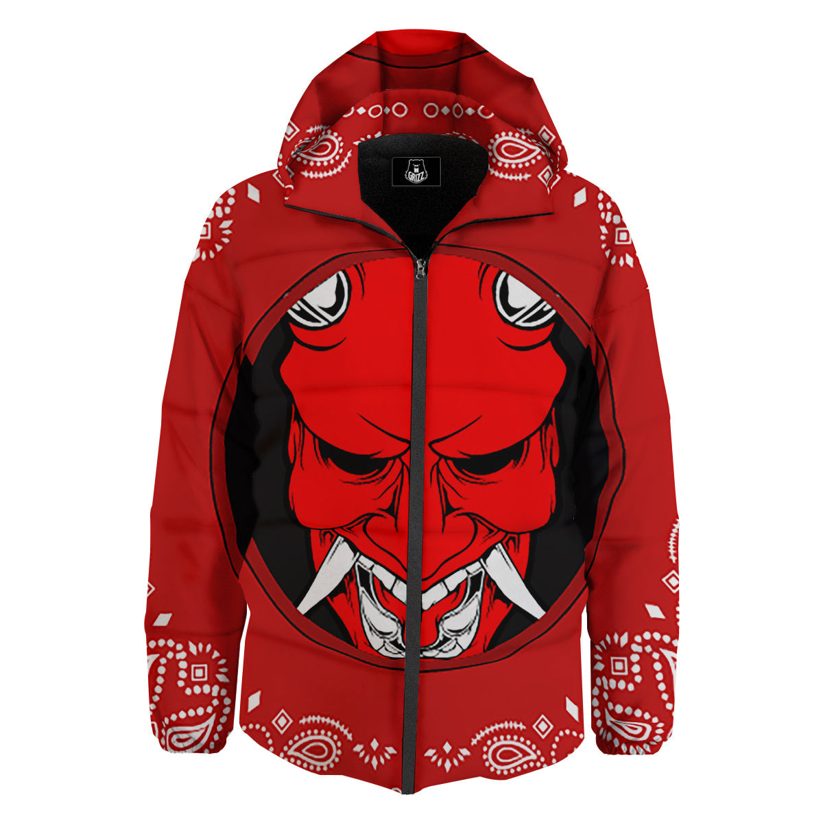 Bandana Red Hannya Demon Print Down Jacket-grizzshop
