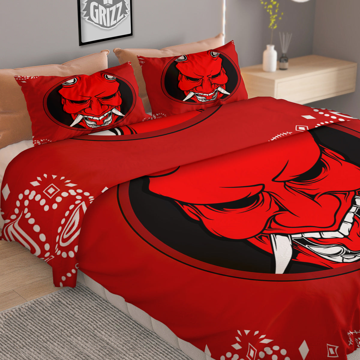 Bandana Red Hannya Demon Print Duvet Cover Bedding Set