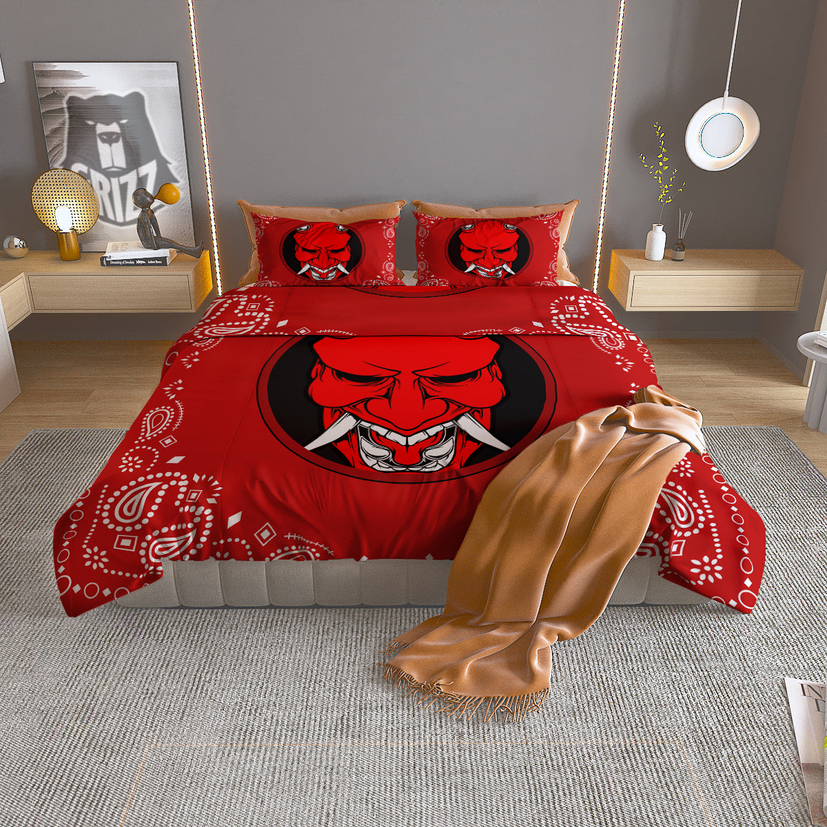 Bandana Red Hannya Demon Print Duvet Cover Bedding Set