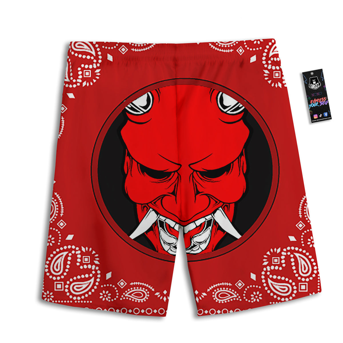 Bandana Red Hannya Demon Print Men's Athletic Shorts