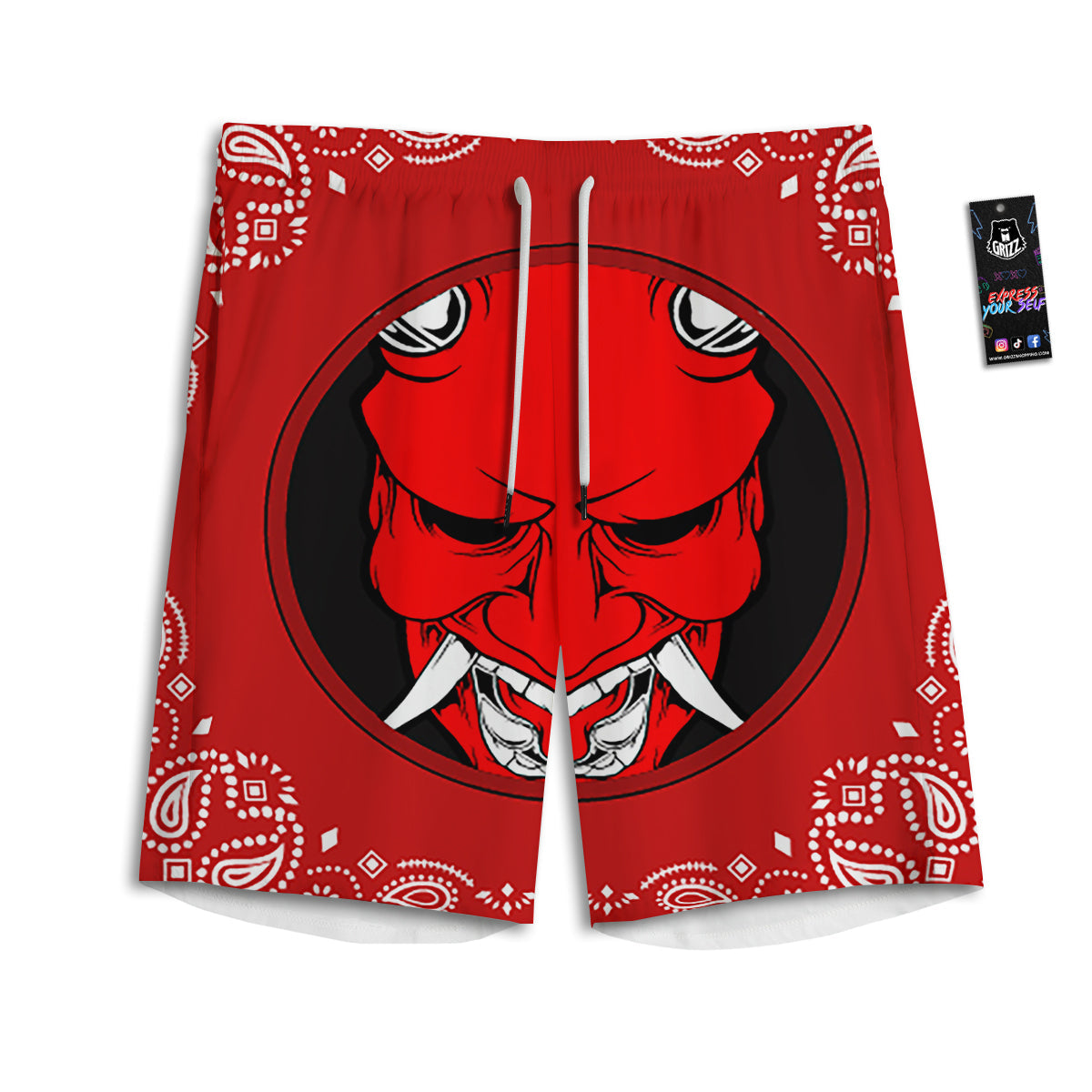 Bandana Red Hannya Demon Print Men's Athletic Shorts