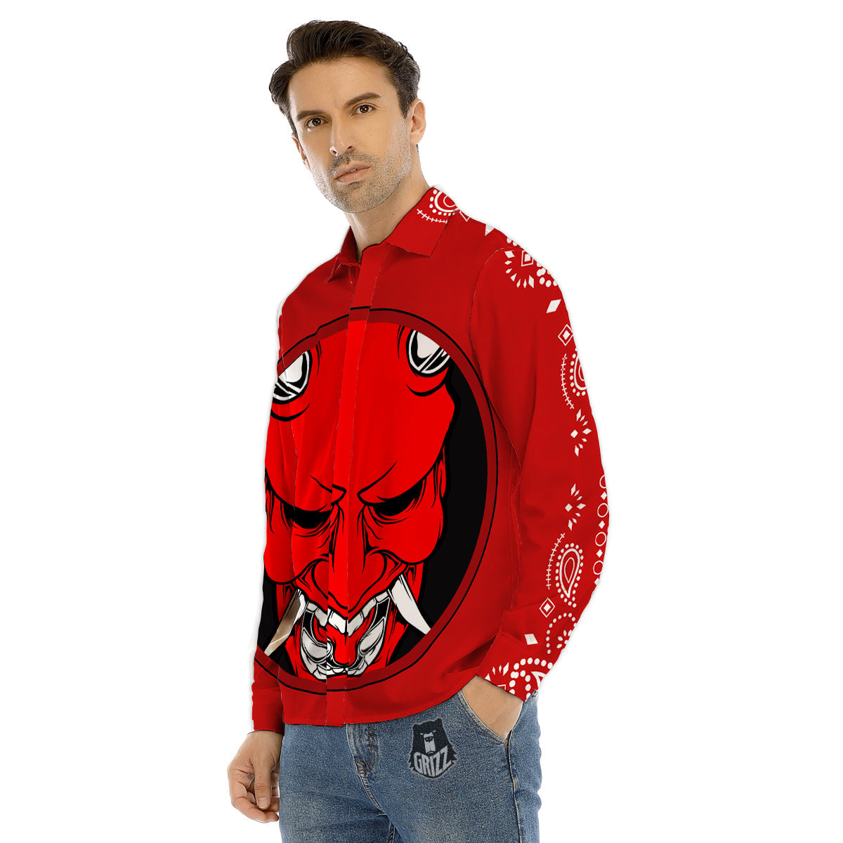 Bandana Red Hannya Demon Print Men's Dress Shirts-grizzshop