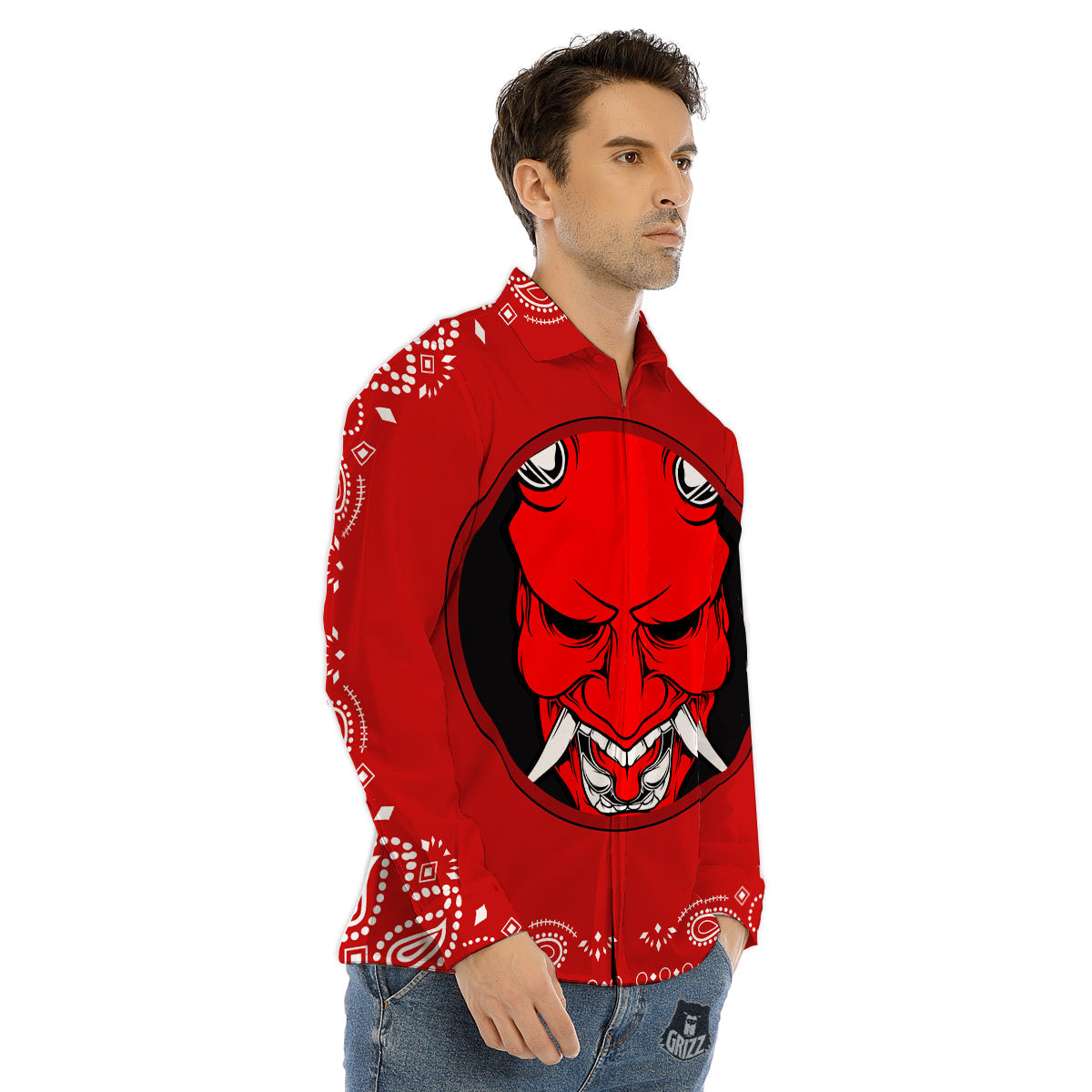 Bandana Red Hannya Demon Print Men's Dress Shirts-grizzshop