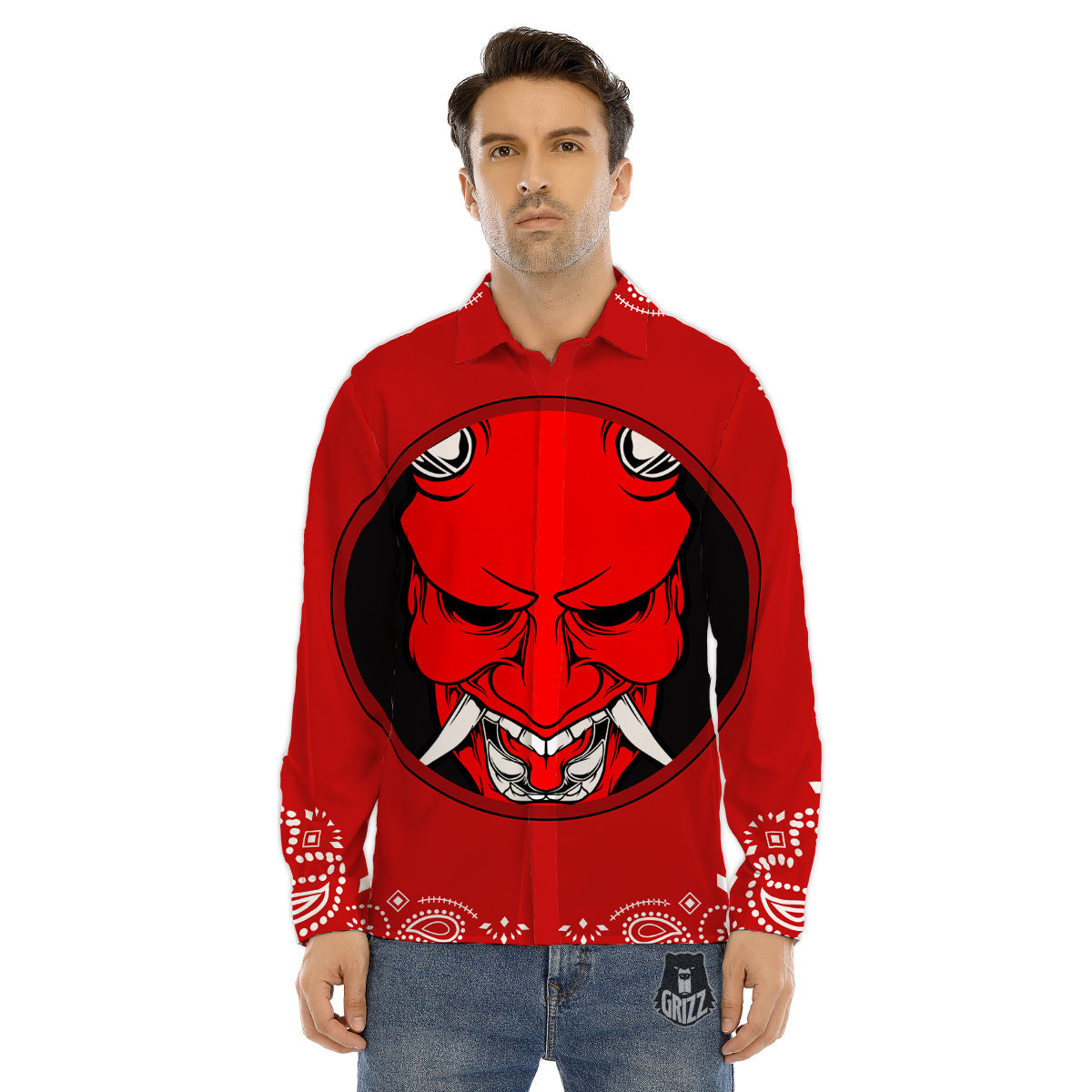 Bandana Red Hannya Demon Print Men's Dress Shirts-grizzshop