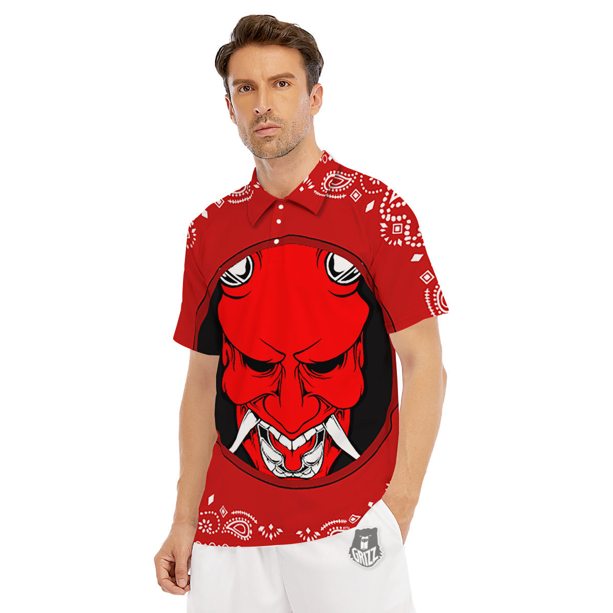 Bandana Red Hannya Demon Print Men's Golf Shirts-grizzshop
