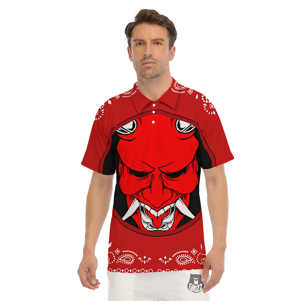 Bandana Red Hannya Demon Print Men's Golf Shirts-grizzshop