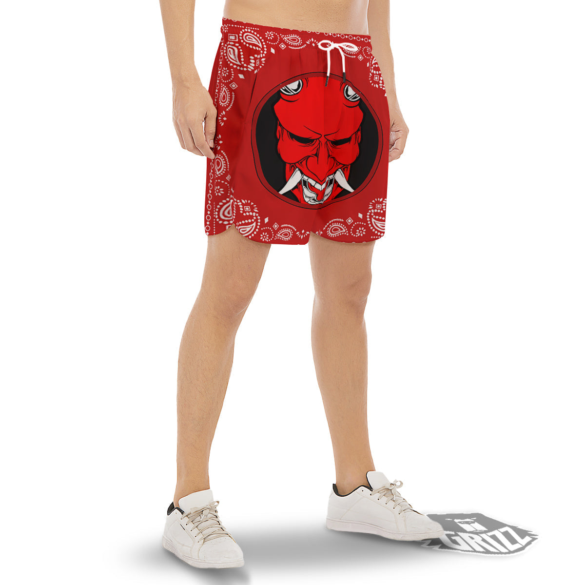 Bandana Red Hannya Demon Print Men's Gym Shorts-grizzshop
