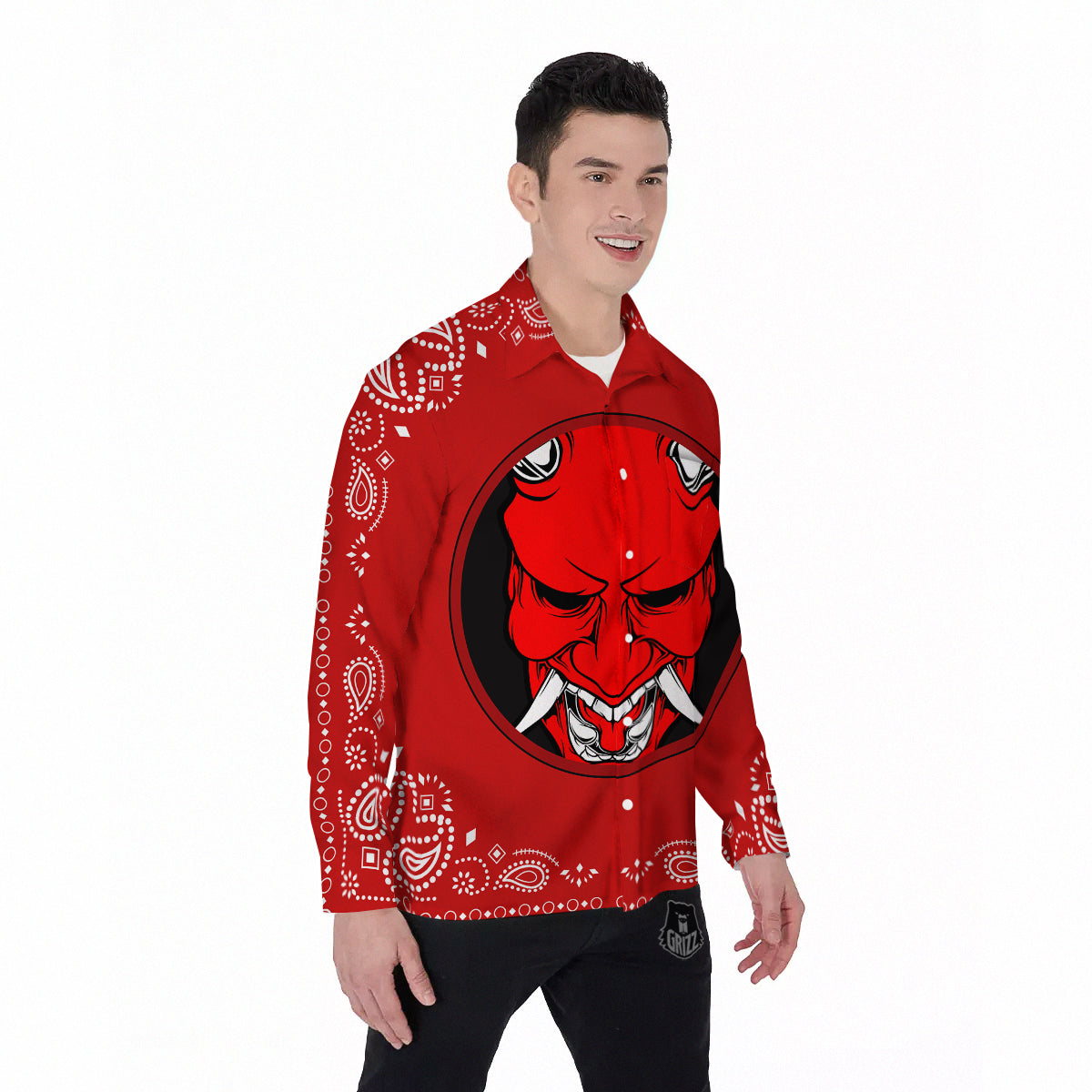 Bandana Red Hannya Demon Print Men's Long Sleeve Shirts-grizzshop